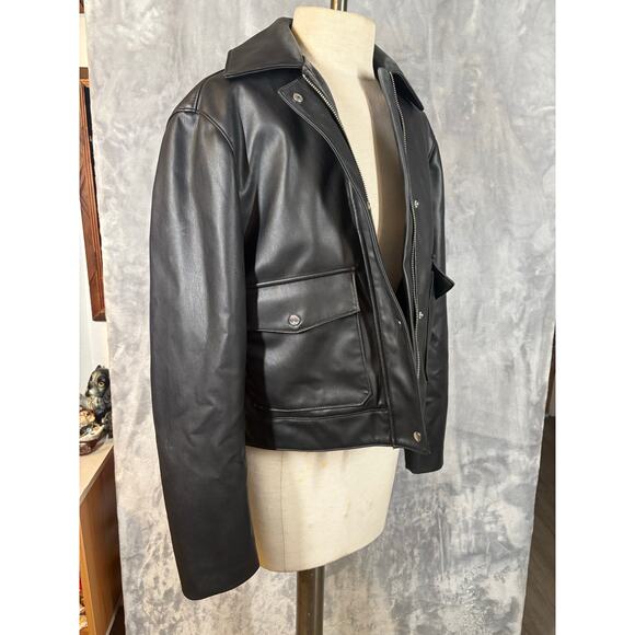 Zara Faux Black Leather Boxy Bomber Jacket XS Motorcycle Moto Biker Cropped - Picture 4 of 10